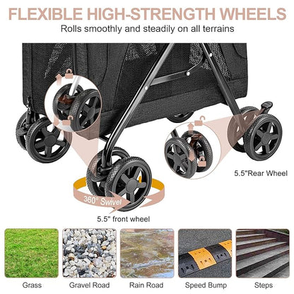Double Pet Stroller with Detachable Carrier for Medium Small Dogs and Cats, Lightweight Dog Stroller Travel Carriage with No-Zip Canopy Storage Basket One-Click Folding and One-Foot Brake