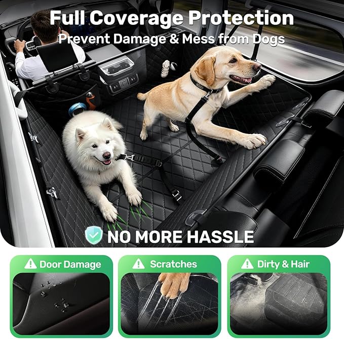 Zanch Heavy-Duty Dog Car Seat Cover, Flat Solid Back Seat Extender for Multi Large Dogs, Hard-Base Supports 450 lb, Waterproof Scratchproof Hammock Protector, Standard for Cars, SUV, Trucks, Black