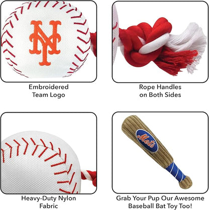 Pets First Baseball Rope Toy for DOGS & CATS. Tough nylon, Sporty Baseball Design, Heavy-duty ropes with Inner SQUEAKER
