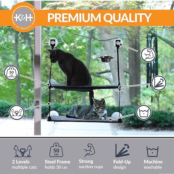 K&H Pet Products EZ Mount Double Stack Cat Window Perch for Large Cats, Sturdy Window Hammock Bed, Steel Frame, Sturdy Suction Cups, 2 Washable Shelf Covers, Foldable - Fits 27"W X 31"H Glass Spaces