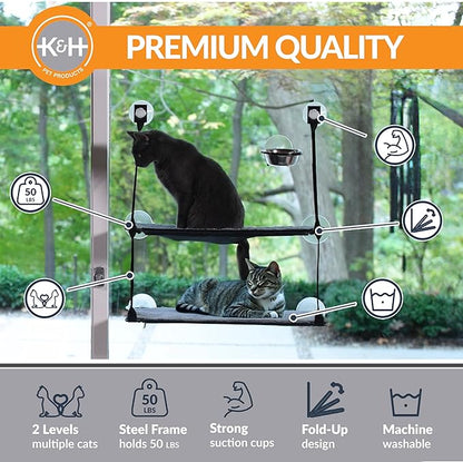 K&H Pet Products EZ Mount Double Stack Cat Window Perch for Large Cats, Sturdy Window Hammock Bed, Steel Frame, Sturdy Suction Cups, 2 Washable Shelf Covers, Foldable - Fits 27"W X 31"H Glass Spaces