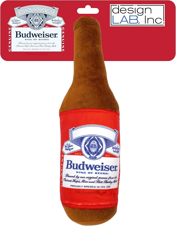 design LAB, Inc. Budweiser Beer Dog Toy | Plush Beer Bottle with Squeaker for Dogs | 12 inch Medium Interactive Dog Toys for Chewing, Fetch, and Fun