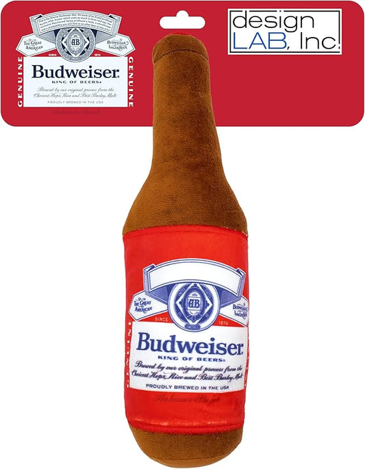 design LAB, Inc. Budweiser Beer Dog Toy | Plush Beer Bottle with Squeaker for Dogs | 12 inch Medium Interactive Dog Toys for Chewing, Fetch, and Fun