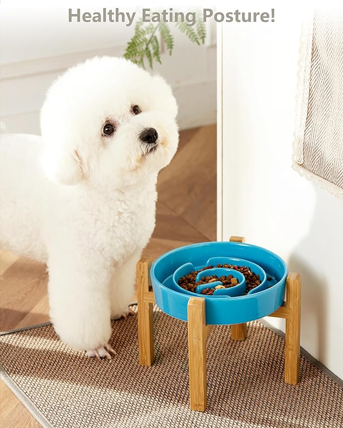 Ceramic Slow Feeder Dog Bowls Elevated, 2.0 Cups Slow Feeder for Medium Dogs, Puzzle Maze Bowl to Slow Down Eating, 30oz, 8in, Blue