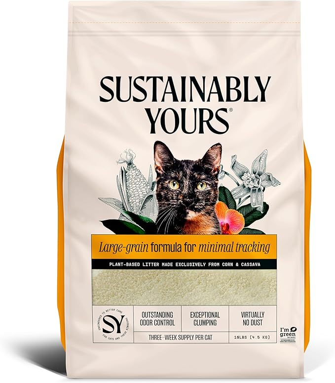 Sustainably Yours Natural Cat Litter, Large-Grain Formula, Low Tracking, Exceptional Clumping & Odor Control, Virtually No Dust, Corn & Cassava Plant-Based, Unscented, 10 lbs