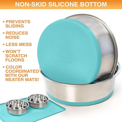 Neater Pet Brands Stainless Steel Dog Bowls with Non-Slip Rubber Bottom – Set of 2, 6 Cup (48 oz), Teal - Heavy Duty Metal Dog Bowl, Dishwasher Safe, Food or Water Bowl, Ideal for Large Dogs