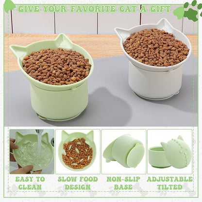 2 Pack Gray, Green Slow Feeder for Cat Bowls, Silicone Tilted Raised Pet Bowl with Non Slip Base for Digestion Anti Vomit
