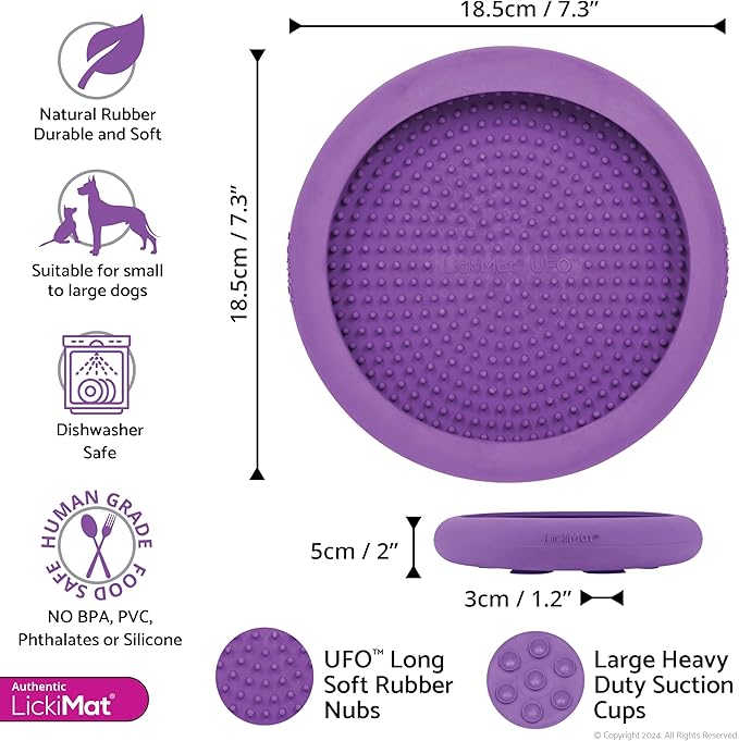 LickiMat UFO Purple - Perfect Bathing and Shower Ditractor. Natural Rubber LickiMat with Soother Nubs. runny Treats. Unique Food and Dribble Catcher Design. Suitable for All Flat Surfaces.