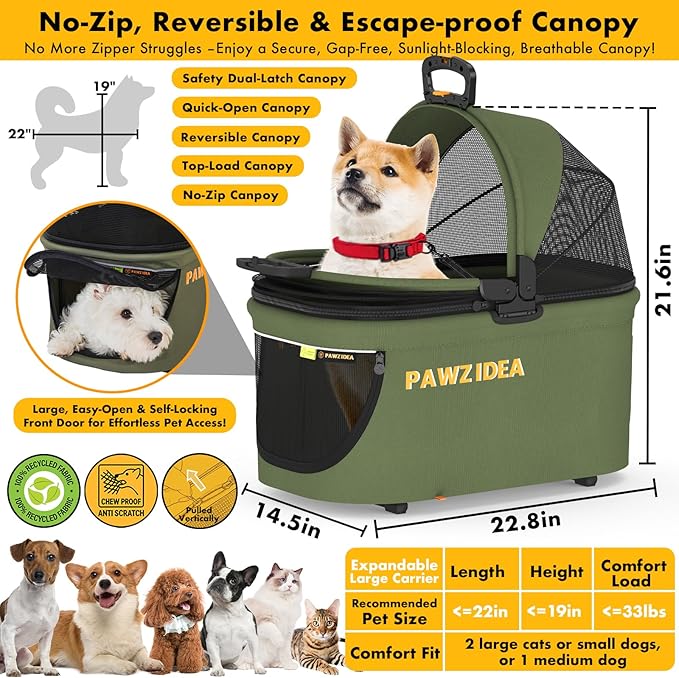 PAWZIDEA Portable Small Dog Crate for Car Travel up 33lbs, Enclosed Dog Car Seat Soft-Sided, Escape-Proof Reversible No-Zip Canopy, Foldable Pet Carrier Seatbelt for Small Medium Puppies & Cats Kennel