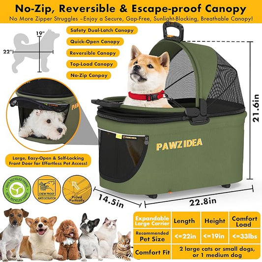 PAWZIDEA Portable Small Dog Crate for Car Travel up 33lbs, Enclosed Dog Car Seat Soft-Sided, Escape-Proof Reversible No-Zip Canopy, Foldable Pet Carrier Seatbelt for Small Medium Puppies & Cats Kennel