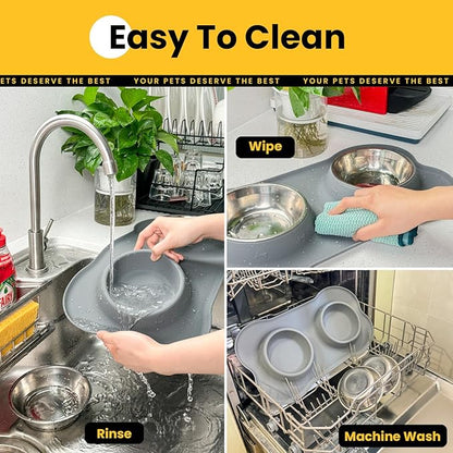 Dog Bowls with Silicone Feeding Mat,No Spill Food Water Dish Set,Dishwasher Safe,2 Stainless Steel Puppy Bowls with Dogs Bandanas,Suitable for Tiny Pets Under 8lbs,Extra Small,Grey