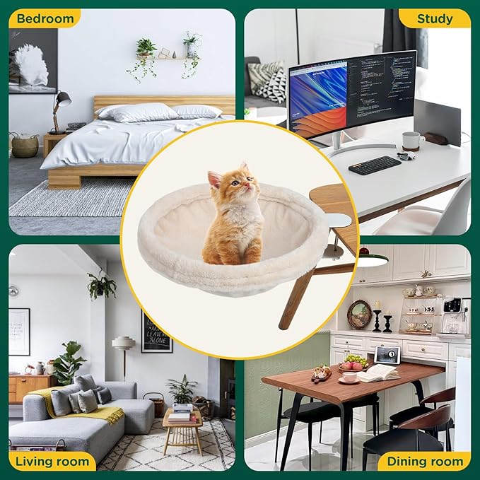 Large Cat Desk Bed-Supports Up to 50lbs, Soft Faux Fur Fabric, Adjustable Steel Frame,Sunken Hammock,Removable Soft Fluffy Cover（Cream）