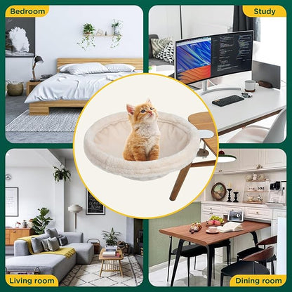 Large Cat Desk Bed-Supports Up to 50lbs, Soft Faux Fur Fabric, Adjustable Steel Frame,Sunken Hammock,Removable Soft Fluffy Cover（Cream）