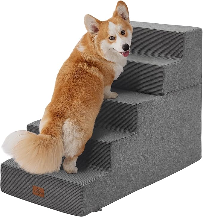 Joydeco Dog Stairs for Bed 25" H, 5-Step Pet Steps for Small Dogs and Cats, Dog Steps for High Bed, Non-Slip Balanced Ramp Indoor Pet Stairs, Gray