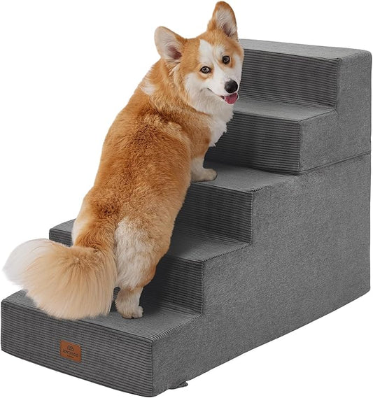 Joydeco Dog Stairs for Bed 25" H, 5-Step Pet Steps for Small Dogs and Cats, Dog Steps for High Bed, Non-Slip Balanced Ramp Indoor Pet Stairs, Gray