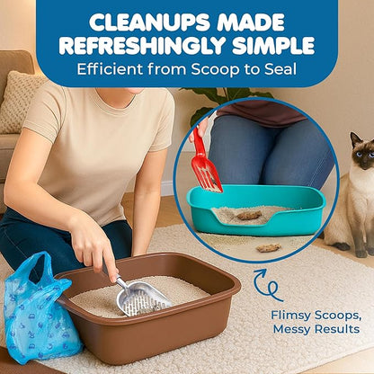 SunGrow Cat Litter Scoop and Bag Combo, Stainless Steel Deep Shovel, 60 Plastic Poop Bags with Easy-Tie Handles, Ideal for Felines & Dogs, 1 Set Per Pack