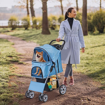 4 Wheels Pet Stroller, Foldable Dog Cat Stroller for Small Medium Dogs Cats, Travel Carrier with Storage Basket and Cup Holder, Waterproof and Lightweight (Blue)