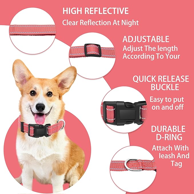 Reflective Dog Collar with Safety Locking Buckle, Adjustable Soft Breathable Nylon Collars for Small, Medium and Large Dogs(Collar+Leash M Pink)