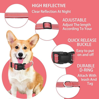 Reflective Dog Collar with Safety Locking Buckle, Adjustable Soft Breathable Nylon Collars for Small, Medium and Large Dogs(Collar+Leash M Pink)