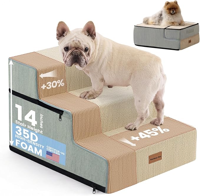 Gardner Pet Dog Stairs for Small Dogs 14" H, 3-Step Extra Wide Dog Steps for Bed, Pet Stairs for Bed and Couch with Durable Non-Slip Waterproof Fabric Cover and Soft Foam, Beige