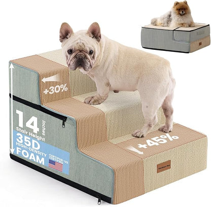 Gardner Pet Dog Stairs for Small Dogs 14" H, 3-Step Extra Wide Dog Steps for Bed, Pet Stairs for Bed and Couch with Durable Non-Slip Waterproof Fabric Cover and Soft Foam, Beige