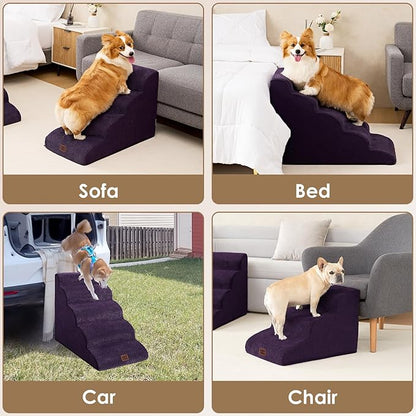 EHEYCIGA Curved Dog Stairs Ramp for High Beds 22.6" H, 5-Step Dog Steps for Small Dogs and Cats, Pet Stairs for High Bed Climbing, Non-Slip Balanced Pet Step Indoor, Purple