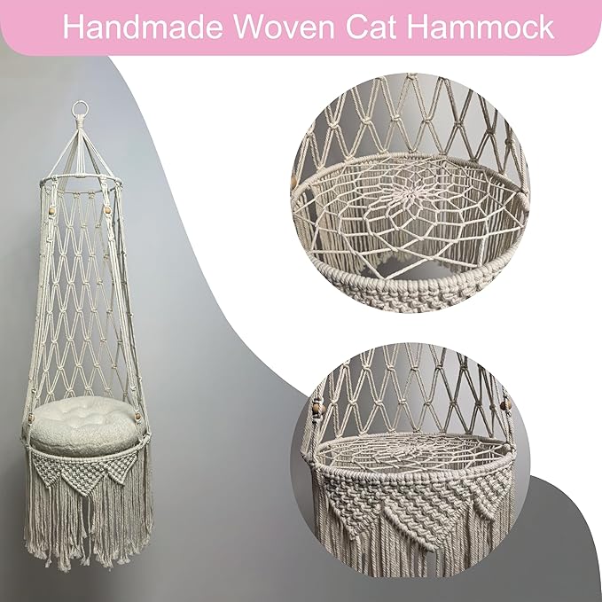 Macrame Cat Hammock 55.11 * 15.74INCH with Faux Lamb Cushion, Handwoven Hanging Bed for Space-Saving Indoor Décor, Cat Swing for Playing Sleeping Climbing and Lounging