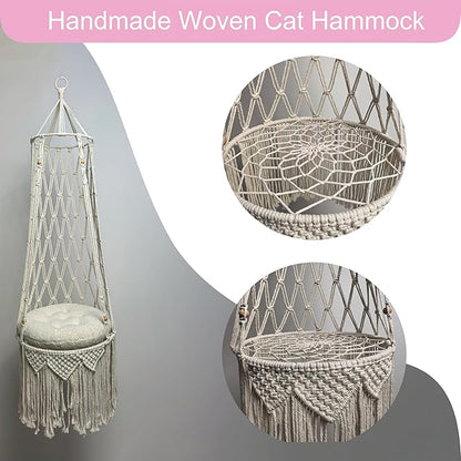 Macrame Cat Hammock 55.11 * 15.74INCH with Faux Lamb Cushion, Handwoven Hanging Bed for Space-Saving Indoor Décor, Cat Swing for Playing Sleeping Climbing and Lounging