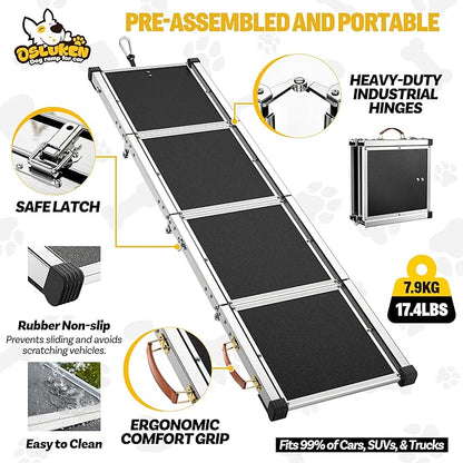 Dog Ramp for Car (200 lbs), Extra L71” W17” Folding Pet Ramp for Large Dogs with with Heavy Duty Hinges, Outdoor Anti-Slip Foldable Dog Car Ramps for SUV Truck Side Door (4 Folded) (4 Folded)