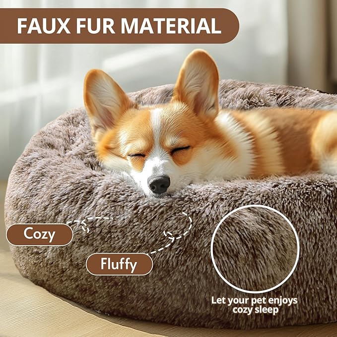 JOLLYVOGUE Calming Dog Bed Medium Size Dog, 31in Donut Washable Medium Pet Bed, Anti-Slip & Anti-Anxiety Fluffy Faux Fur Round Dogs Bed, Fits up to 45 lbs Pets (Smoke Brown)