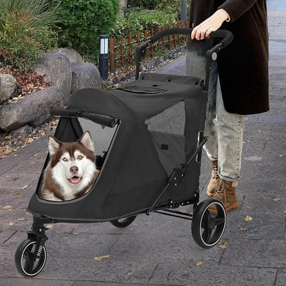Athena Collection 3 Wheels Pet Stroller Fabric Dog Cart Dog Stroller for Large Dogs 55 Lbs Pet Stroller with Mesh Windows, Zipper Back Pocket, Safety Tether, Angle Adjustable Handlebar, Black