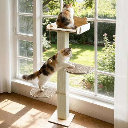 Solid Wood Cat Window Perch with 2 Jumping Platforms, Cat Hammock for Window with Scratching Post, Sisal Tall Cats Scratching Post with Large Perch, Wooden Cats Window Bed with 2 Suction Cups