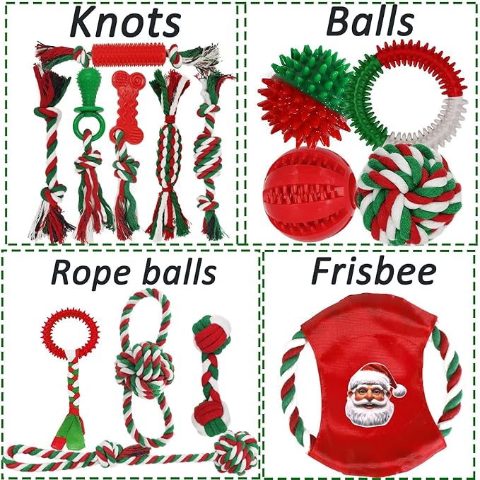 Dog Toys 15 Pack for Teeth Cleaning and Fun, Puppy Teething Chew Toy with Gift Box, Variety Tug Rope Balls & Rubber Rings Bulk for Puppies