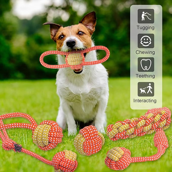 7 Pack Puppy Rope Toys - Variety of Dog Cotton Rope Toys for Small Dogs, Teething, Chewing & Boredom Relief - Orange