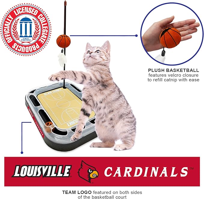 NCAA LOUISVILLE Cardinals Basketball Scratcher Toy - REVERSIBLE Felt/Cordboard, Interactive Cat Ball, 6-in-1 Cat Toy Wand, Plush Basketball Catnip-Filled