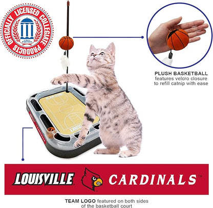 NCAA LOUISVILLE Cardinals Basketball Scratcher Toy - REVERSIBLE Felt/Cordboard, Interactive Cat Ball, 6-in-1 Cat Toy Wand, Plush Basketball Catnip-Filled