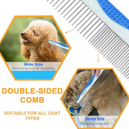 Dematting Comb for Dogs & Cats, Removes Tangles & Matted Fur, Stainless Steel Teeth, Non-Slip Handle, Pet Grooming Tool (Style 1- Blue)