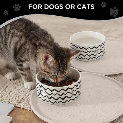 Comtim Waterproof Dog Food Mat - 2 Pack Silicone Pet Food Mat Dog Food Bowl Mats Cat Water Mats Eating Tray, Non-Slip Pet Placemat with Lip for Messy Drinkers to Protect Floor, Beige 11"×11"