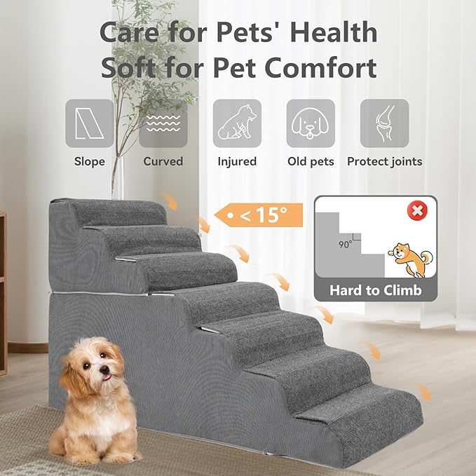 7 Steps Dog Steps for High Bed, 29.5'' High Dog Stairs for Small Dogs, Waterproof Pet Stairs for Small Old Large Dogs and Cats with Removable Cover & PE Support Board for Bed, Car or Couch