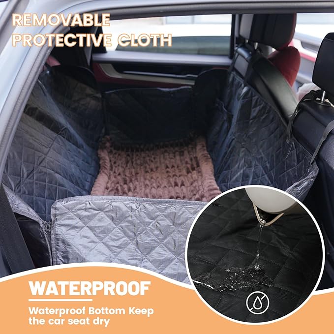 2-in-1 Dog Car Seat Cover & Dog Car Pet Bed Mat for Back Seat, Waterproof Pet Hammock with Soft Plush Cushion, Nonslip Backseat Protector for Dogs, Fits Cars SUVs Trucks