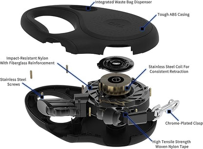 TUG Oval 360° Tangle-Free Retractable Dog Leash with Integrated Waste Bag Dispenser (Large, Black)