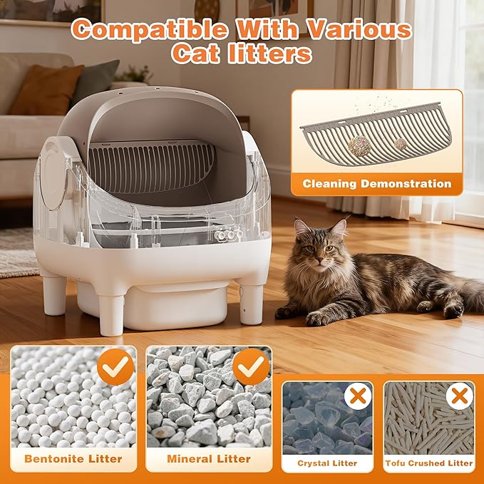 Greesum Self Cleaning Cat Litter Box – Automatic Open-Top Smart Litter Box with App Control, 15L Odor-Sealed Waste Bin, Ultra Quiet 35dB, Multi-Cat & Large Cat Compatible, with Trash Bags & Mat