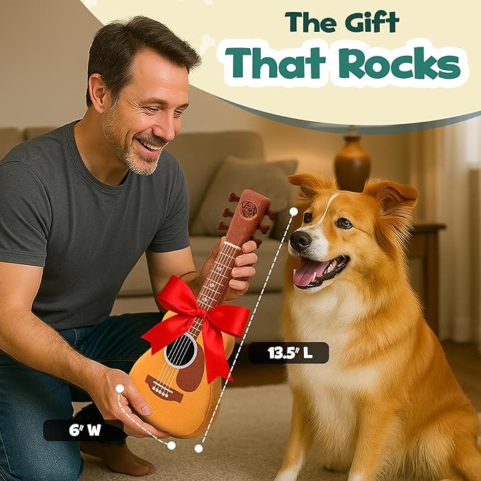 Acoustic Guitar Dog Toy – Funny Birthday & Easter Basket Dog Gift, Interactive Squeaker & Crinkle, Plush & Cute, Fun and Engaging Puppy Present