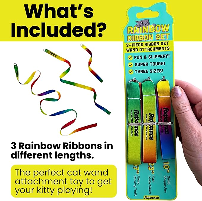 Cat Wand Toy Refill Rainbow Ribbon Set for Cat Wand - Ribbon Lures, Detachable Refill, Toy Lures Attachments - 3 Pieces Multi-Length Fun Durable Attachments with Metal Ring