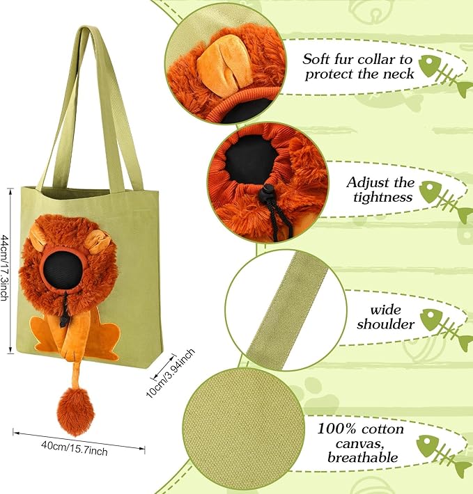 Cunno Pet Canvas Shoulder Bag Lion Shaped Cute Cat Carrier Handbag Portable Carrying Dog Tote Bag for Small Animal Supplies Outdoor Travel(Green)