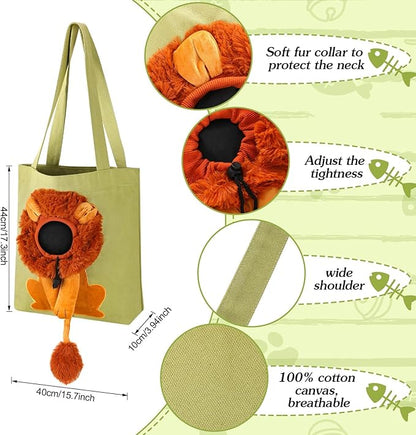 Cunno Pet Canvas Shoulder Bag Lion Shaped Cute Cat Carrier Handbag Portable Carrying Dog Tote Bag for Small Animal Supplies Outdoor Travel(Green)