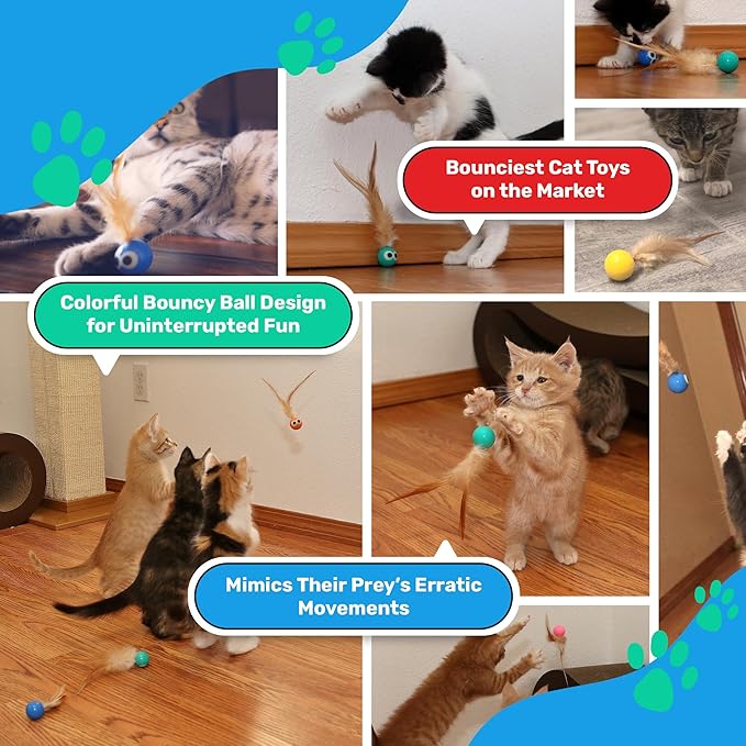 Bouncy Tails 3-Pack Cat Ball Toy with Natural Feathers, Interactive Cat Toys for Bored Indoor Adult Cats, Feather Cat Toy for Indoor Cats and Playful Kittens