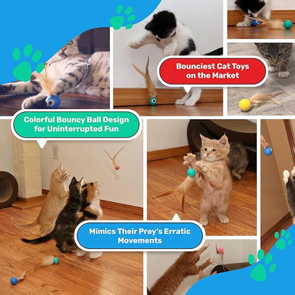 Bouncy Tails 3-Pack Cat Ball Toy with Natural Feathers, Interactive Cat Toys for Bored Indoor Adult Cats, Feather Cat Toy for Indoor Cats and Playful Kittens