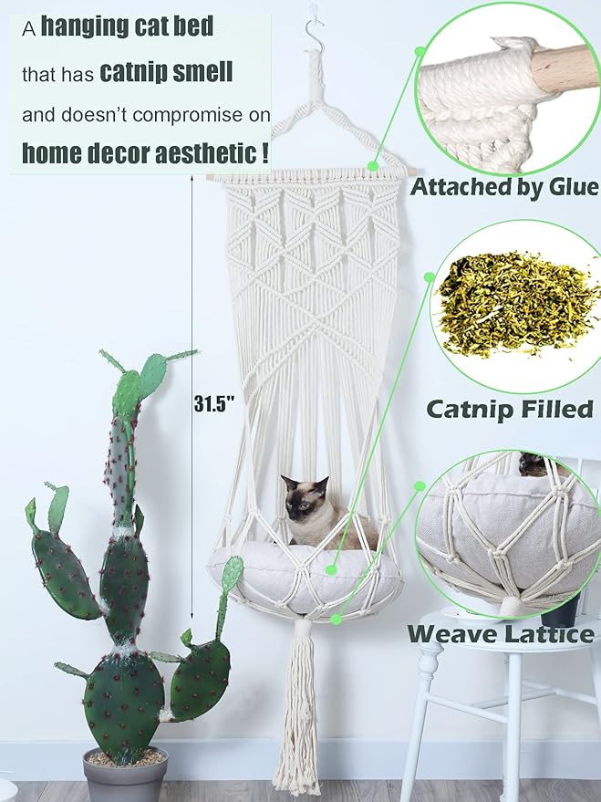 KARCEEY Macrame Cat Hammock Hanging Bed - Boho Wall Swing with Catnip Cushion for Wall Climber & Window Perch - Hardware Kit Included