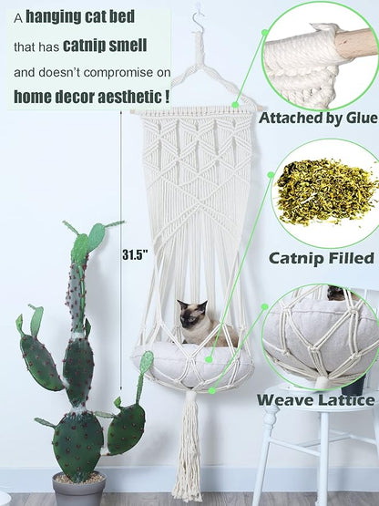 KARCEEY Macrame Cat Hammock Hanging Bed - Boho Wall Swing with Catnip Cushion for Wall Climber & Window Perch - Hardware Kit Included